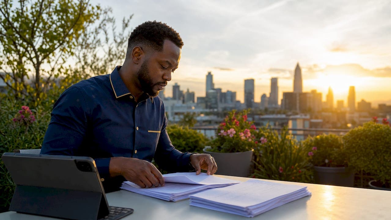 Man organizing governance meeting documents