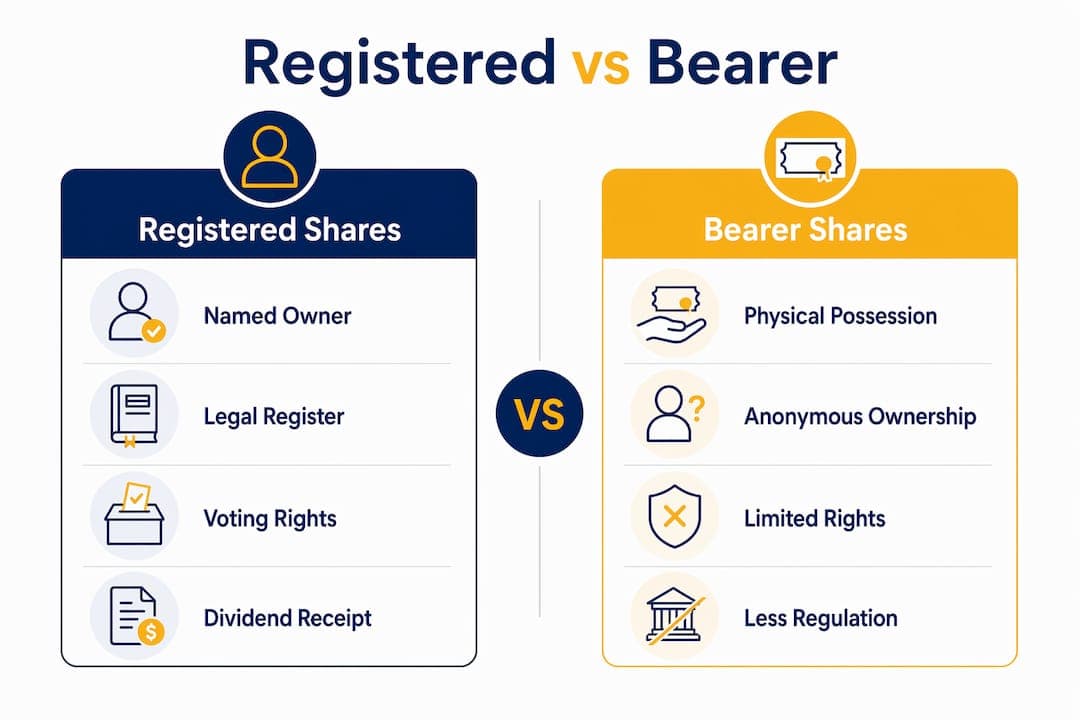 Infographic comparing registered and bearer shares