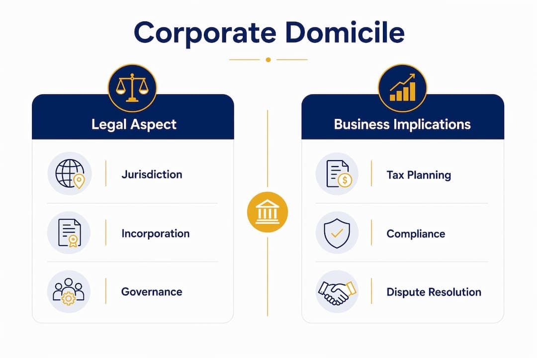 Infographic comparing legal and business aspects of company domicile