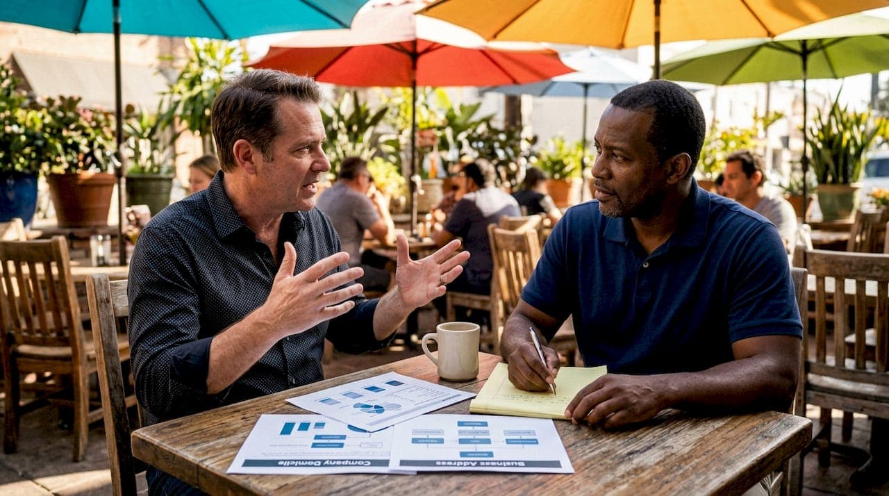 Two men discussing corporate domicile differences in meeting