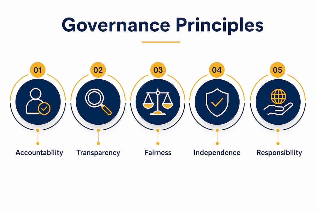 Infographic showing key principles of corporate governance in hierarchy layout