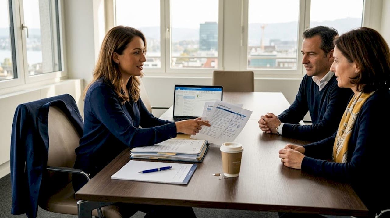 Lawyer reviews Swiss compliance checklist with clients