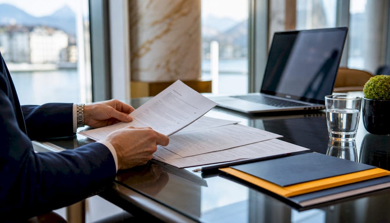 Hands organizing Swiss crypto compliance documents