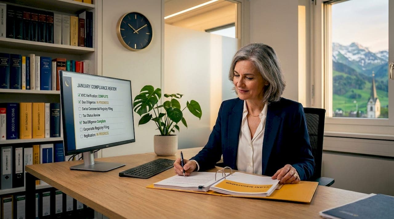 Swiss compliance specialist working at her desk