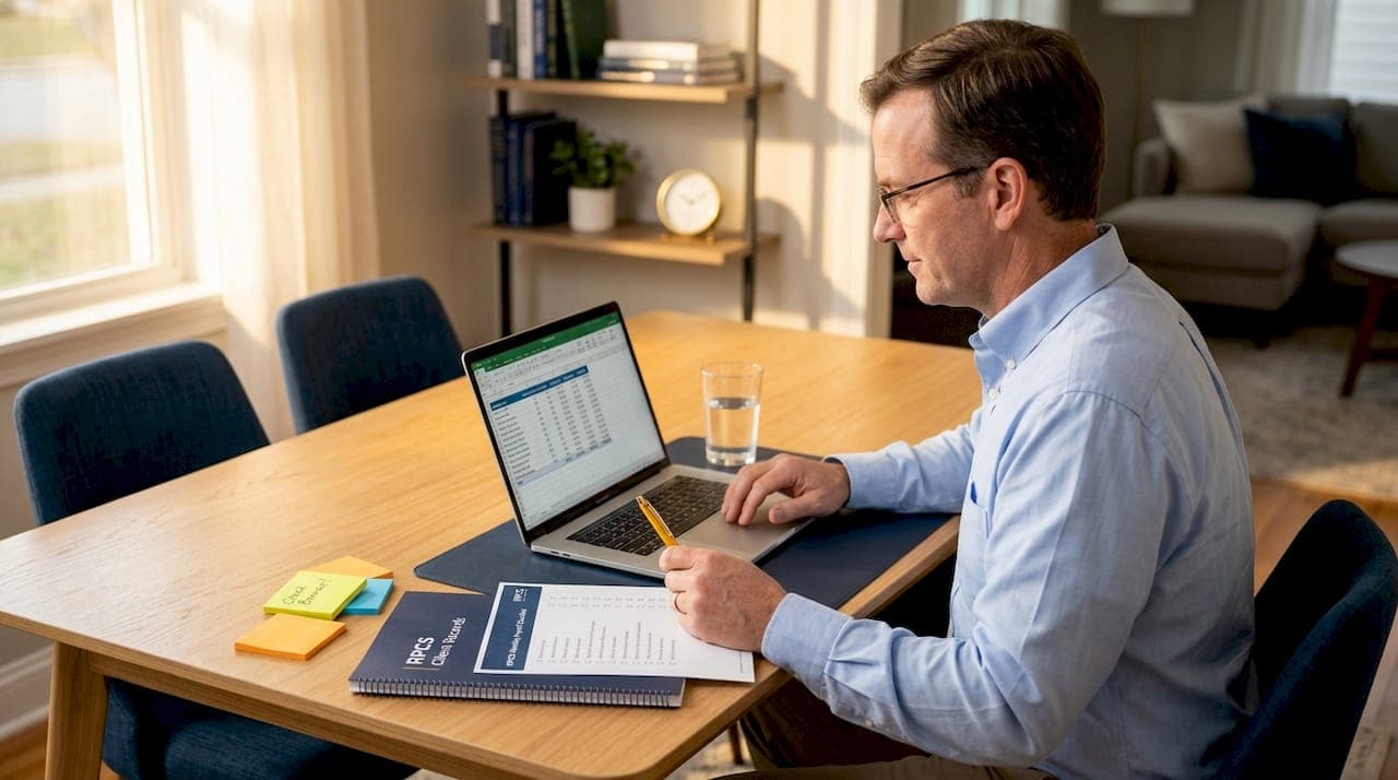Man administrating payroll at home table