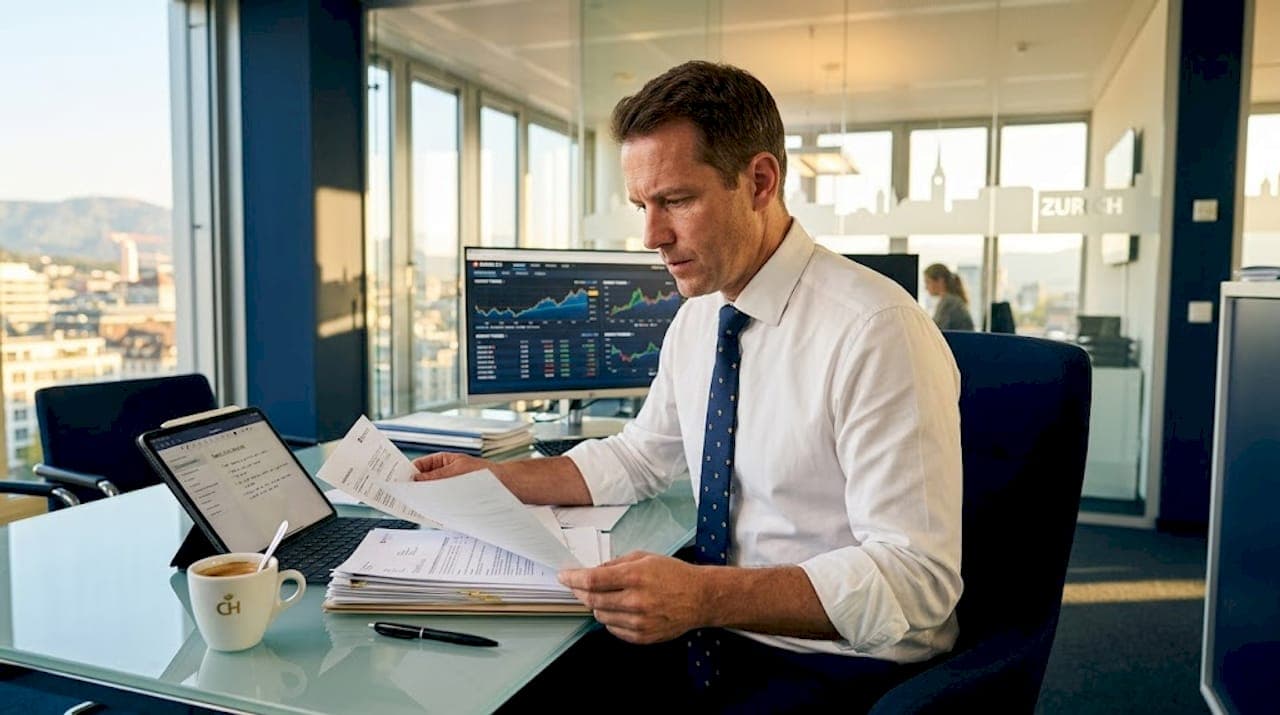 Swiss banker working at desk with sunlight